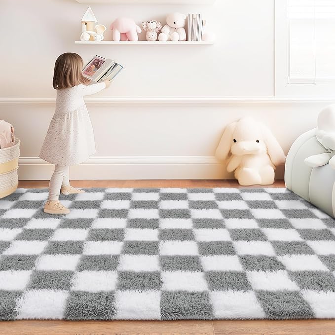Checkered Rug for Living Room 8x10, Ultra Fluffy Fuzzy Shag Large Area Rug for Bedroom, Modern Plush Soft Upgrade Non-Slip Carpet for Kids Girls and Boys Room Dorm Home Decor, White and Grey