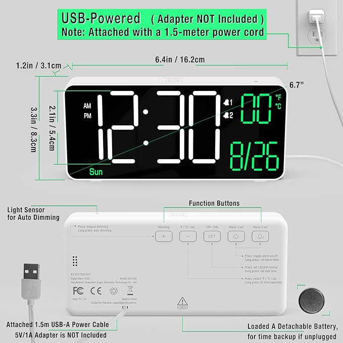 KOSUMOSU Digital Alarm Clock,6.7in Small Digital Clock for Bedroom,Auto Dimming,Date,Week,Seconds or Indoor Temperature,LED Desk Clocks for Living Room, Alarm Clocks for Bedrooms