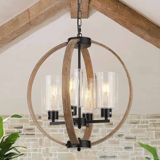 Farmhouse Chandelier Light Fixture, 18in Rustic Dining Room Chandeliers with Glass Shade 4-Light Globe Lighting Fixtures Retro Pendant Lamp for Kitchen Island Entrance Living Room