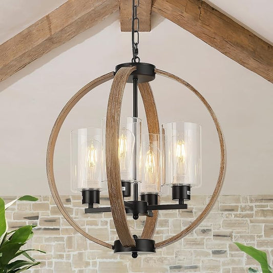 Farmhouse Chandelier Light Fixture, 18in Rustic Dining Room Chandeliers with Glass Shade 4-Light Globe Lighting Fixtures Retro Pendant Lamp for Kitchen Island Entrance Living Room