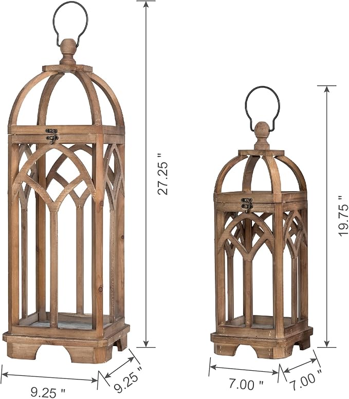 Glitzhome Farmhouse Decorative Lanterns Wooden Candle Lantern Church Window Frame Lanterns for Wedding Mantle Entryway Home Patio Balcony Garden, Pack of 2, Natural, No Glass