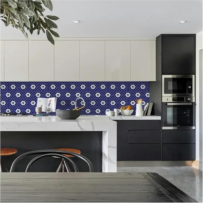 Tenedos Hexagon Glossy Cobalt Blue Flower Porcelain Mosaic Tile – Kitchen Backsplash, Bathroom Wall & Shower Floor Tile (5 Sheets)