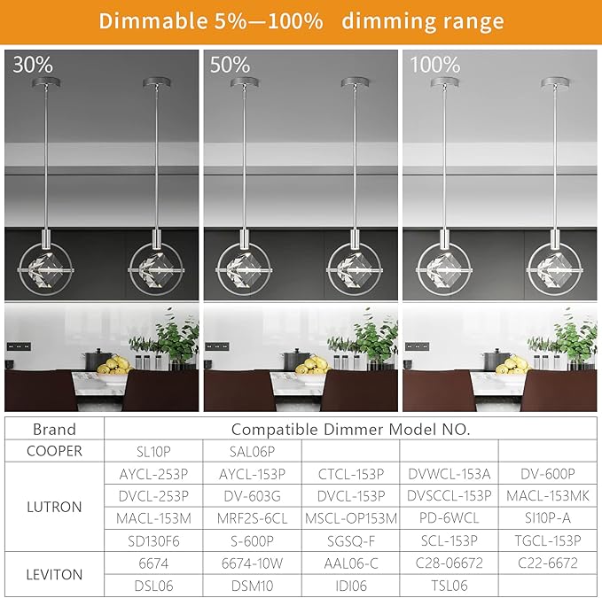 Modern Crystal Pendant Light in Chrome Mini Dimmable Integrated LED Light Fixtures Metal Rod Ceiling Chrome Chandelier for Kitchen Island Bedroom Dining Room Bar(1-Lights)