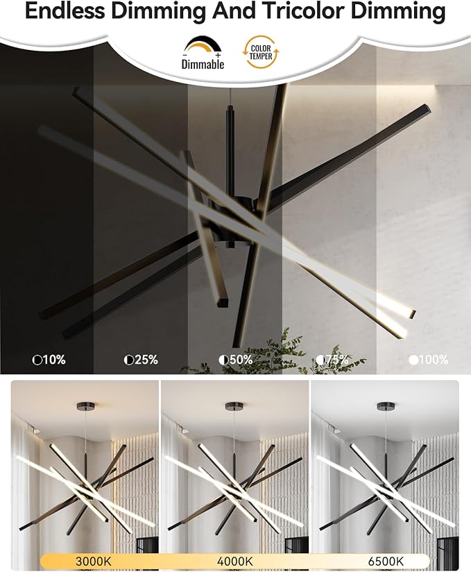 Modern Sputnik Chandelier Ceiling LED Black Pendant Light Embedded Mount Chandeliers Dining Room Light Fixtures Over Table Dimmable with Remote Control for Living Room Kitchen Bedroom (6-Light Black)