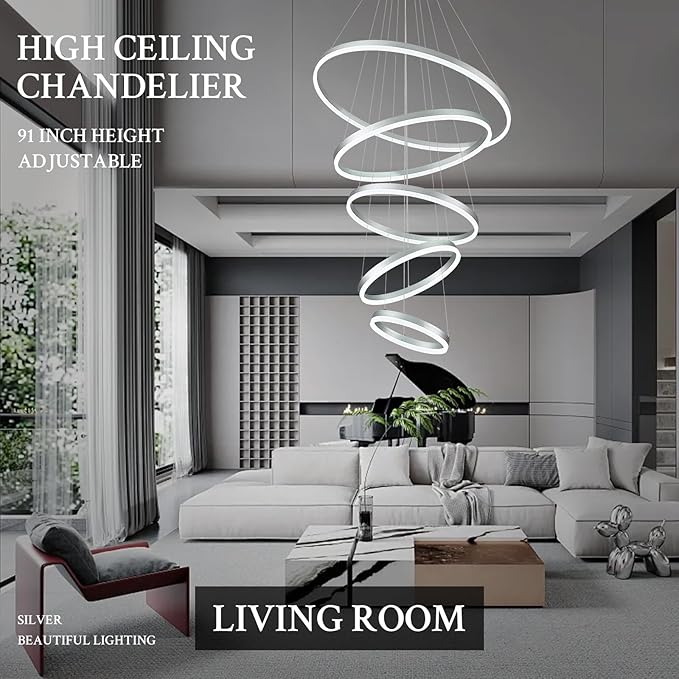 5-Rings D31.5’’ Modern LED Chandelier Silver Dimmable High Ceiling Chandeliers Foyer with Remote Control for Entryway Living Room Dining Room Staircase, 3000K-6500K