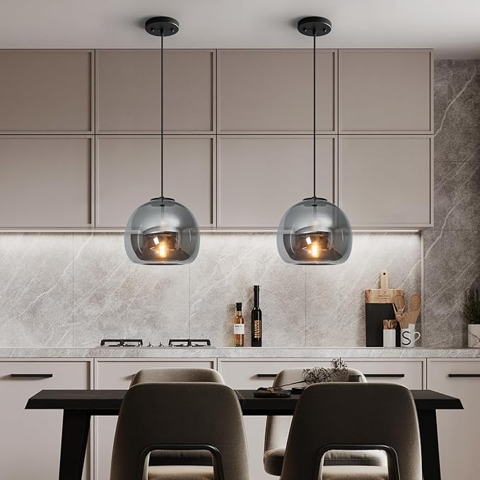 1-Light Mirror Gray Glass Pendant Lights Kitchen Island Black Hanging Light Fixture 9.84" Glass Globe Pendant Light Modern Pendant Lighting for Kitchen Island Bedroom Dining Room