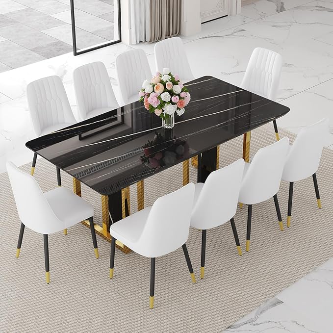 TesNus 79" Black Dining Table Set for 10 with Chairs,Large Faux Marble Kitchen Table and Chairs Set Rectangular 11 Piece Dining Room Set with Gold Metal Legs,Modern Design,Easy Assemble,Stable Base