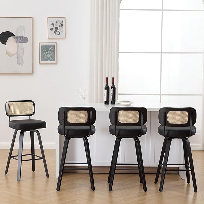 Swivel Bar Height Stools Set of 4, Upholstered Faux Leather Barstools with Rattan Back, 29" Seat Height Tall Bar Stools for Kitchen Counter, Black Wood Frame, Black