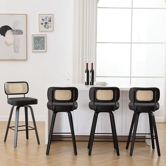 Swivel Bar Height Stools Set of 4, Upholstered Faux Leather Barstools with Rattan Back, 29" Seat Height Tall Bar Stools for Kitchen Counter, Black Wood Frame, Black