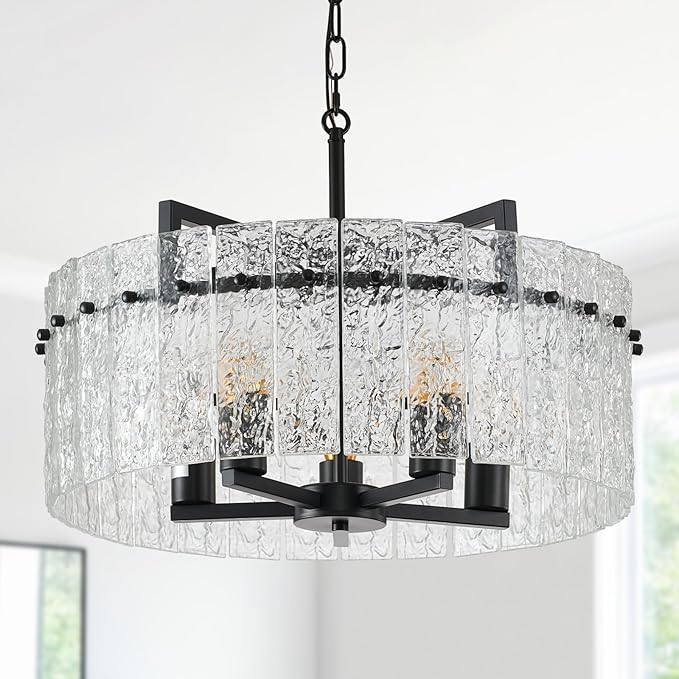 Modern Chandeliers for Dining Room,20" Black Luxury Water Ripple Glass Bedroom Light Fixture,5-Light Glass Pendant Lights Kitchen Island for Living Room,Foyer