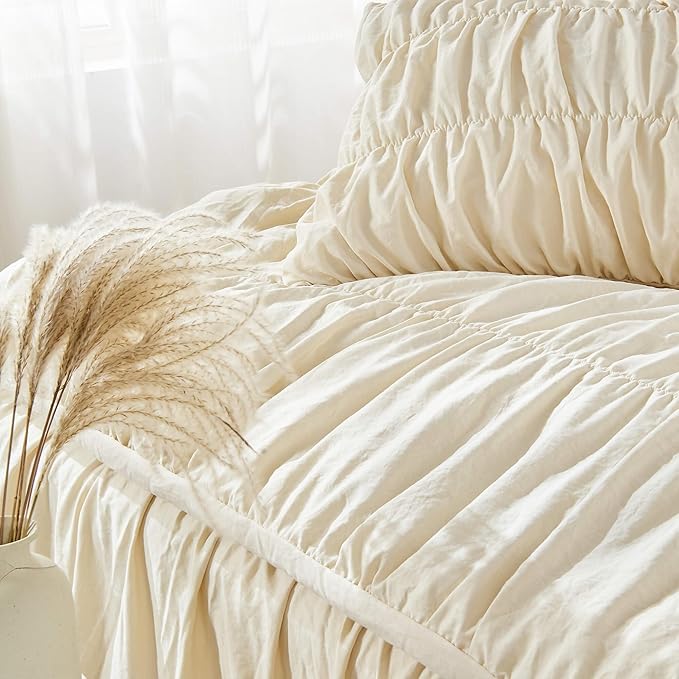 King Size Comforter Set Bedding - Ruched Wheat Comforter King Bed Set Boho Shabby Chic Bedding for Bedroom Comforter Fluffy 3 Piece Ruffle Comforter Set with Pillow White Soft and Luxury