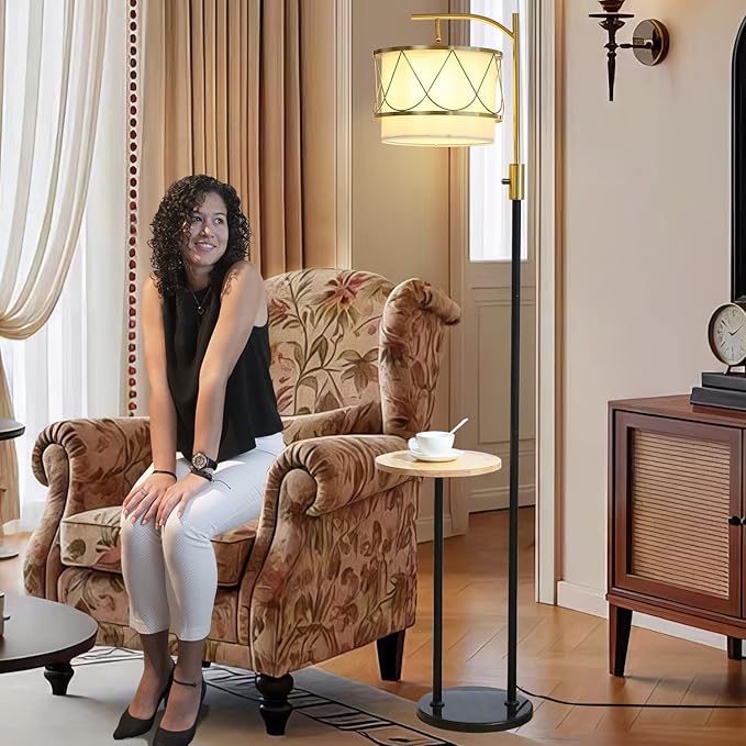 Dimmable Floor Lamp with Wooden Table and Marble Base, Boho Farmhouse Arc Standing lamp with Fabric & Metal Lampshades for Living Room Bedroom