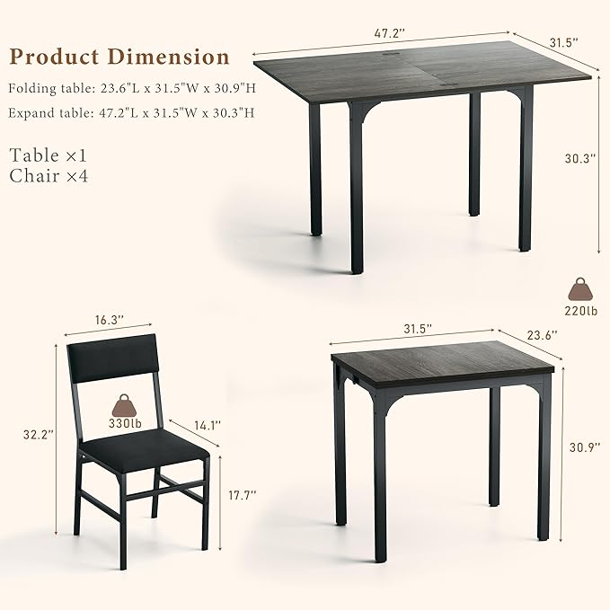 Dining Table Set for 4, Extendable Kitchen Table Cushion Chairs Set of 4, Rectangle Dining Table with Metal Frame & MDF Board, Folding for Small Apartment Saving Space, Grey Oak