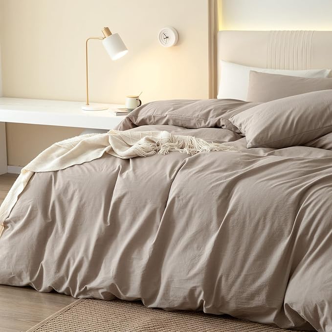 JIYUAN 100% Washed Cotton Duvet Cover Set 3 Pieces Queen, 1 Duvet Cover 90x90 Inches(Comforter Not Included) and 2 Pillowcases,Linen Feel Bedding Set Comfy and Breathable, Heathered Warm Taupe