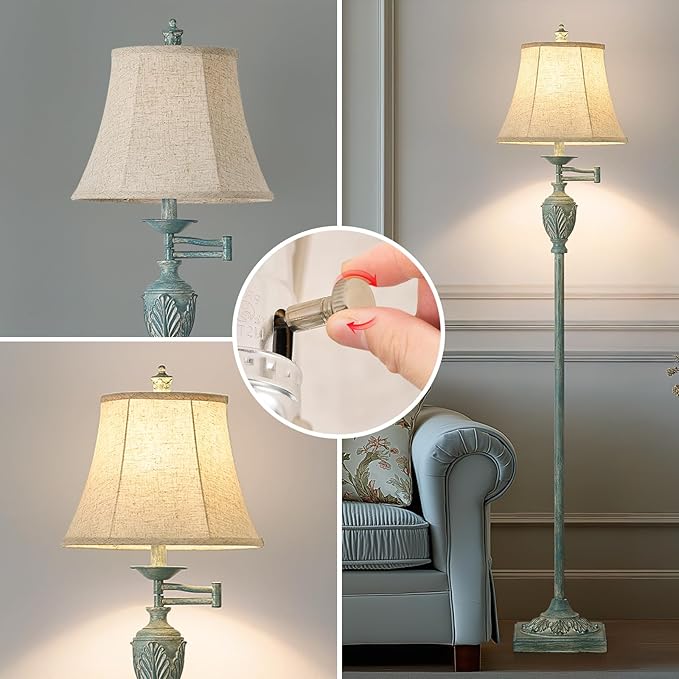 Traditional LED Floor Lamp with 350° Adjustable Swing Arm Lamp – Vintage Standing Pole lamp for Living Room, Bedroom and Office – Rustic Upright Floor Light for Home Décor with Faux Silk Fabric Shade
