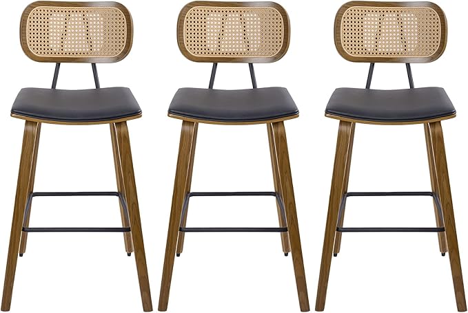 Counter Height Bar Stools Set of 3, Mid Century Modern Counter Stools, 26" Wood Kitchen Stool PU Leather Upholstered Barstool with Rattan Back, Counter Height Island Dining Bar Chair, Black