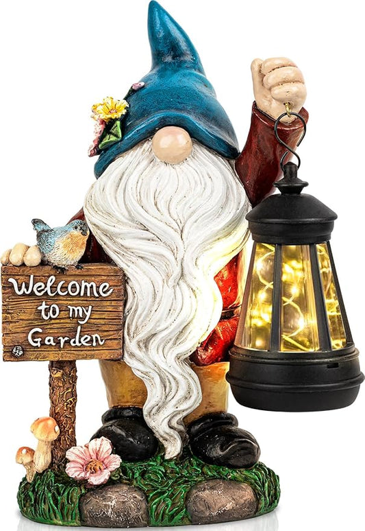 C&Y&G&X Solar Garden Gnome Statue – Waterproof Outdoor Decor with Solar Lantern LED Lights and Welcome Sign for Yard, Lawn, Patio – Ideal Gift for Grandma Mom Women