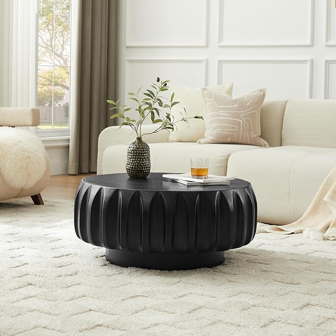 31.5" Drum Coffee Table Modern Round Coffee Table Wood Fluted Centry Table with Solid Wood Veneer for Living Room, Easy Assemble, Black