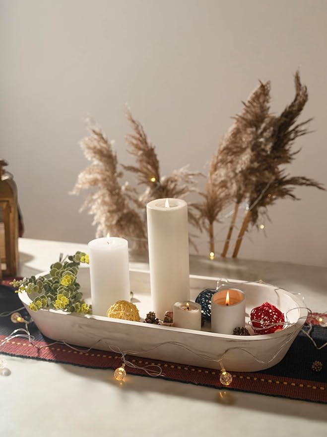 Wooden Dough Bowl - Large Rustic White Acacia Wood - Handmade Decorative Bowls for Home Decor, Bathroom, Kitchen Counter, & More - Rustic Large Wood Dough Bowl for Decor, Cosmetics, and Keys