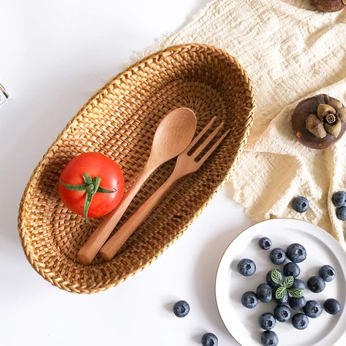 i-lan Handwoven Bread Serving Basket Bowls, Wicker Oval Fruit Bowl, Serving Bread Basket Set, Food Storage Bowl for Bread, Snack, Vegetable, Natural Brown (S: 10")