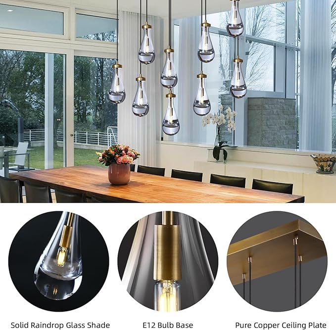 Raindrop 9-Light Chandeliers for Dining Room Gold Dining Room Lights Fixture Over Table, Brass Pendant Lights Kitchen Island, Adjustable Rope Teardrop Hanging Lamp Ceiling for Living Room
