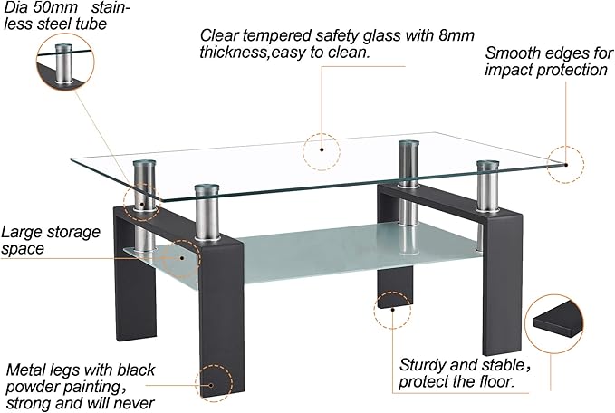 Tempered Glass Coffee Table for Living Room with 2 Tiers Size 39.4" x 23.7" (W x D) Black