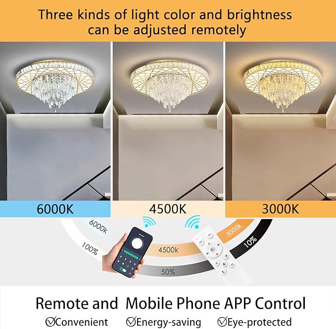 LED Chandelier for Dining Room Modern Crystal Ceiling Chandeliers Light for Bedroom Living Room Lights with 40W LEDs Dimmable Bulbs Gold Lighting Fixtures