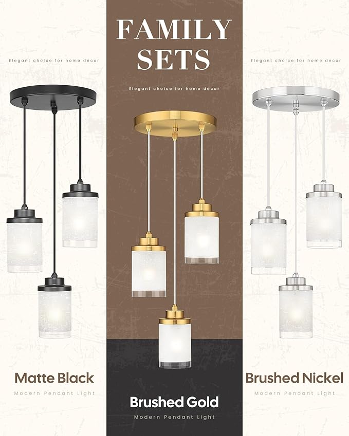 TENGXIN 3-Light Brushed Gold Pendant for Kitchen Island, Hanging Lamp Ceiling Fixture, Glass Light for Bedroom, Farmhouse Pendant for Dining Room