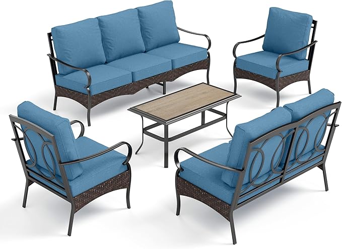 PHI VILLA Outdoor Modern Patio Furniture Set, Upgraded Wicker&Metal Patio Furniture Conversation Set with Waterproof Thick Cushions for Porch, Poolside, Deck, and Yard (5 Pieces,Navy)
