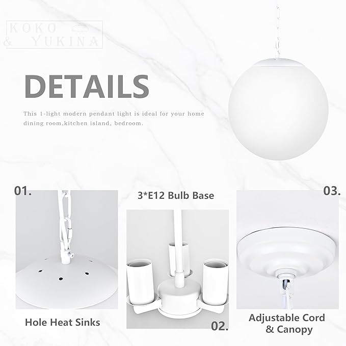 KoKo&Yukina 13.7 Inch Globe Pendant Light Adjustable White Globe Pendant Lights Kitchen Island Mid Century Light Fixture with Milky White Glass Shade for Living Room