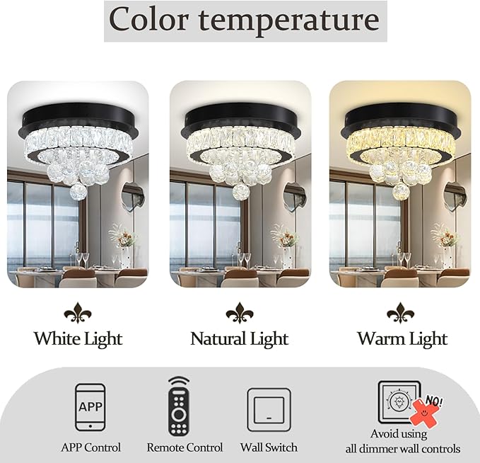 Flashing God 12" Modern Crystal Chandeliers Flush Mount Ceiling Light Black Chandelier for Hallway LED Dimmable Light Fixture for Dining Room Living Room Bedroom