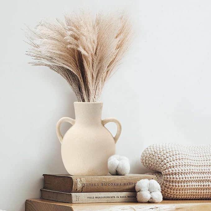 SIDUCAL Rustic Ceramic Farmhouse Flower Vase with 2 Handles, Terracotta Vase, Decorative Pottery Flower for Home Decor, Table, Wedding, Living Room, Shelf Decor, 7.3 Inch, White