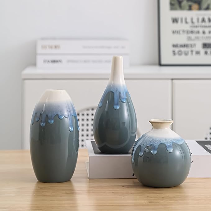 Ceramic Vase Set of 3, Farmhouse Decor, Home Decorative Vases for Kitchen, Bedroom, Office, Living Room, Bathroom, Shelf Centerpiece Table, Terracotta Pottery Vases Set Gift Blue