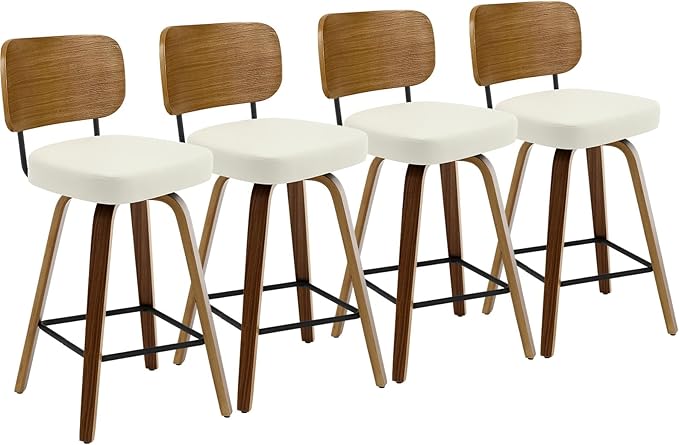 Swivel Counter Height Bar Stools Set of 4, Mid-Century Modern Upholstered Faux Leather Barstools with Wood Back, 26" Seat Height Bar Stools for Kitchen Island, Cream Seat and Walnut Frame