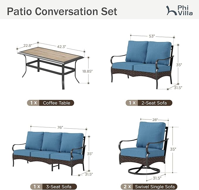 PHI VILLA Outdoor Modern Patio Furniture Set, Upgraded Wicker&Metal Patio Furniture Conversation Set with Waterproof Thick Cushions for Porch, Poolside, Deck, and Yard (5 Pieces,Navy)
