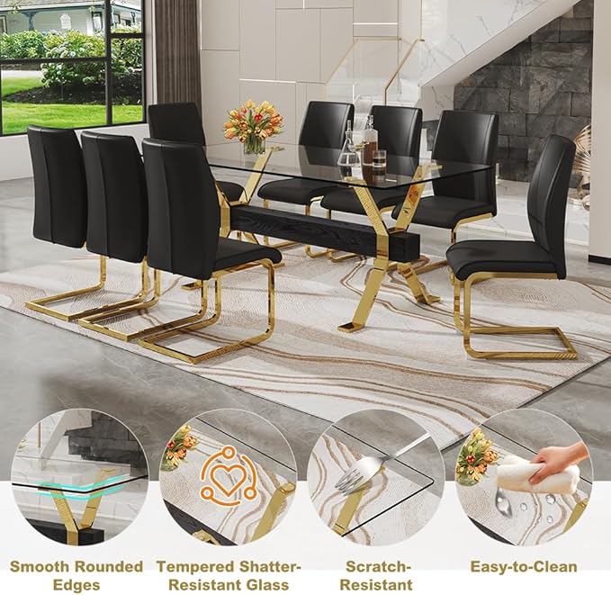 71'' Glass Dining Table Set for 8,9 Piece Dining Table Set with Open‑Frame X‑Shaped Golden Metal Base,Gold Kitchen Table and Chairs Ideal for Dining Room&Home Office