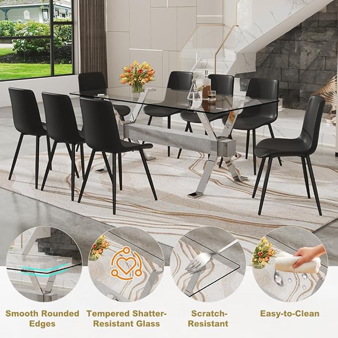 71'' Glass Dining Table Set for 8,9 Piece Dining Table Set with Tempered Glass Tabletop and Open‑Frame X‑Shaped Metal Base,Kitchen Table and Chairs Ideal for Dining Room&Home Office