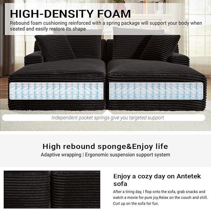 Oversized Double Chaise Lounge, Corduroy Boneless Couch, Modern Oversized Chaise Lounge, Upholstered Sleeper Sectional Sofa Daybed with Throw Pillows and Armrest for Living Room, Black