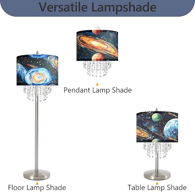 Star Vision Universe Themed Fabric Lampshade with Crystal Beaded Droplets, Space Planet Sun Light Shade for Pendant Table Wall & Floor Lamps, Space Lover Children Kid Bedroom Decor