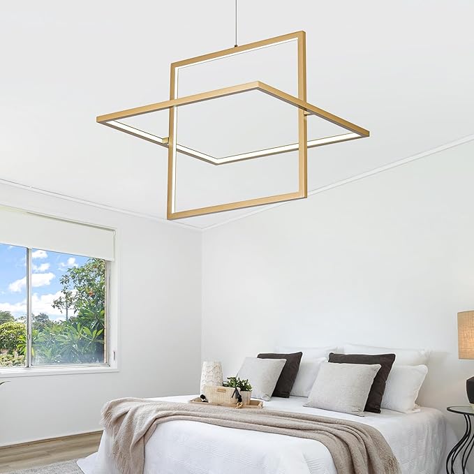 Modern LED Chandelier Led Pendant Light Square Contemporary Chandelier Hanging Light Dimmable for Living Room, Dining Room, Bedroom, Kitchen, Stydy Room 65W 3000K/4000K/6000K (Glod)