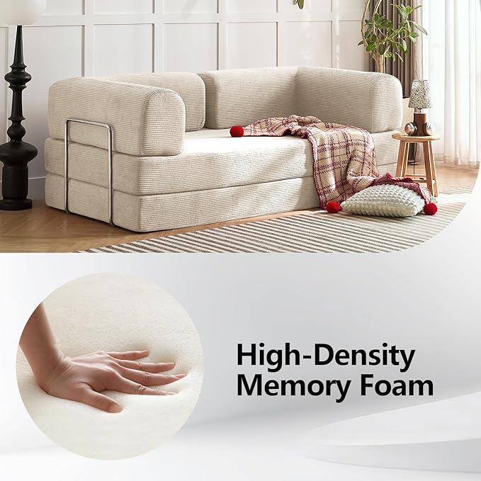 Modern Convertible Lounge Chair, Corduroy Fabric, Square Platform Design with Metal Frame, Floor Sofa Bed with Fixed-Shape Frame,Living Room Seating with Armrest (Beige,Large 3-Seater Sofa)