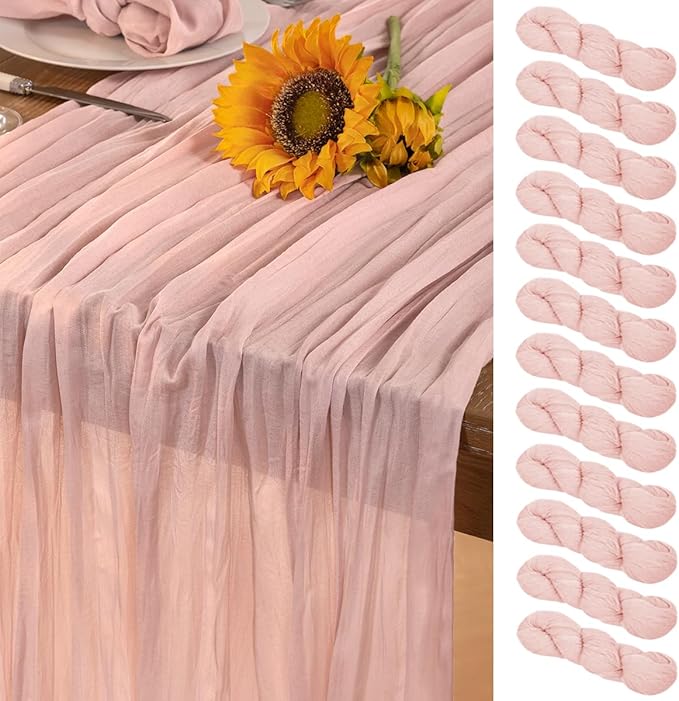 Pink Cheesecloth Table Runner 12 Pack Fall Table Runners Boho Gauze 120 Inches Light Pink Cheese Cloth Fall Table Decorations for Thanksgiving Wedding Bridal Girl Baby Shower Sweet 16 Party