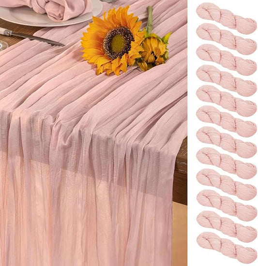 Pink Cheesecloth Table Runner 12 Pack Fall Table Runners Boho Gauze 120 Inches Light Pink Cheese Cloth Fall Table Decorations for Thanksgiving Wedding Bridal Girl Baby Shower Sweet 16 Party