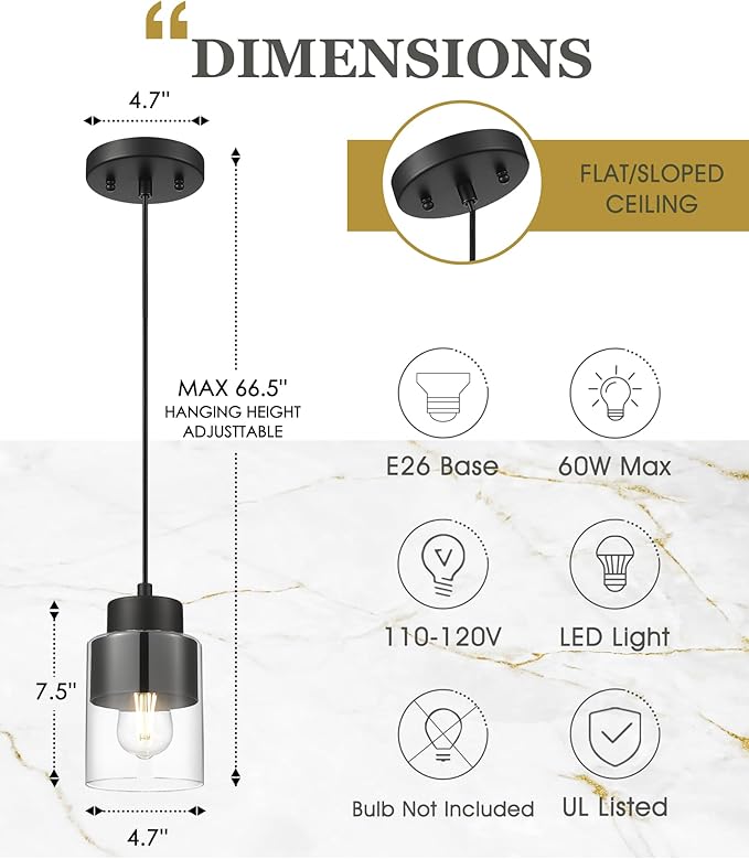 2-Pack Pendant Lights Kitchen Island, Dual Shade Hanging Lights Fixtures with Metal and Clear Glass, Modern Matte Black Kitchen Pendant Lighting Over Island for Dining Room, AD-24022-1P2-BK