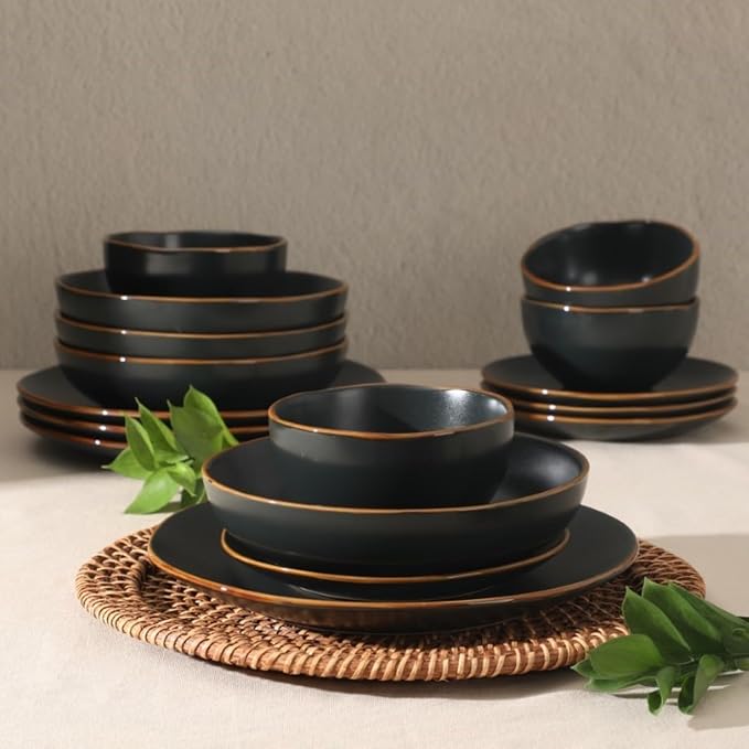 Gibson Home Hazeltine 16 Piece Plates and Bowls Dishes Stoneware Ceramic Dinnerware Set - Black