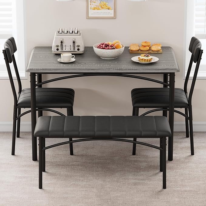 GAOMON Dining Table Set for 4, Kitchen Table with Upholstered Chairs and Bench, 4-Person Dining Room Table Set, Rectangular Kitchen Table Set for Small Space, Apartment, Home, Studio, Rustic Grey