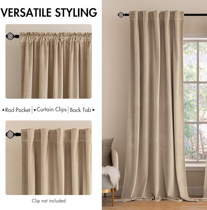 MIULEE Velvet Curtains 108 inches Long 2 Panels - Luxury Blackout Curtains for Bedroom Living Room Thermal Insulated Super Soft Window Drapes Rod Pocket & Back Tab, Camel Beige