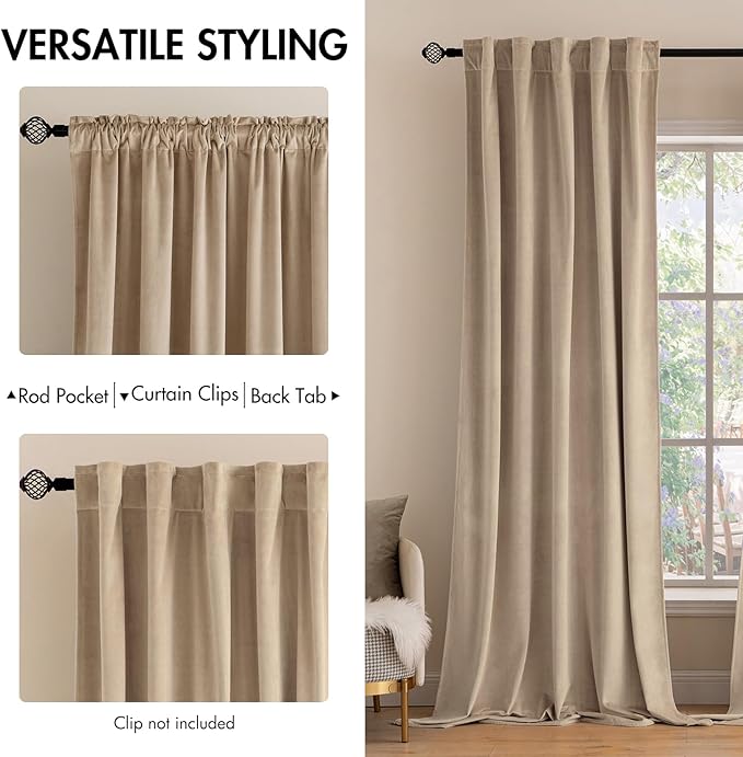 MIULEE Velvet Curtains 90 inches 2 Panels - Luxury Blackout Curtains for Bedroom Living Room Thermal Insulated Super Soft Window Drapes Rod Pocket & Back Tab, Camel Beige, W52 x L90 inch
