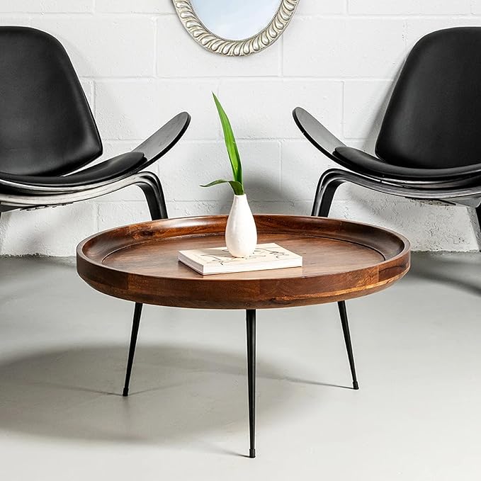 The Urban Port Round Mango Wood Coffee Table with Splayed Metal Legs, Brown and Black, 30 in x 30 in x 16 in