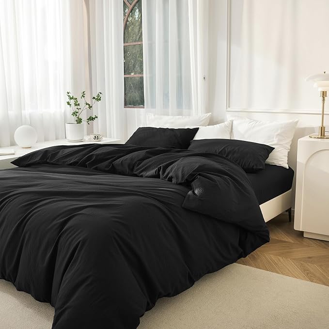 JIYUAN 100% Washed Cotton Duvet Cover Set 3 Pieces Oversized Queen, 1 Duvet Cover 98x98 Inches(Comforter Not Included) and 2 Pillowcases,Linen Feel Bedding Set Comfy and Breathable,Black